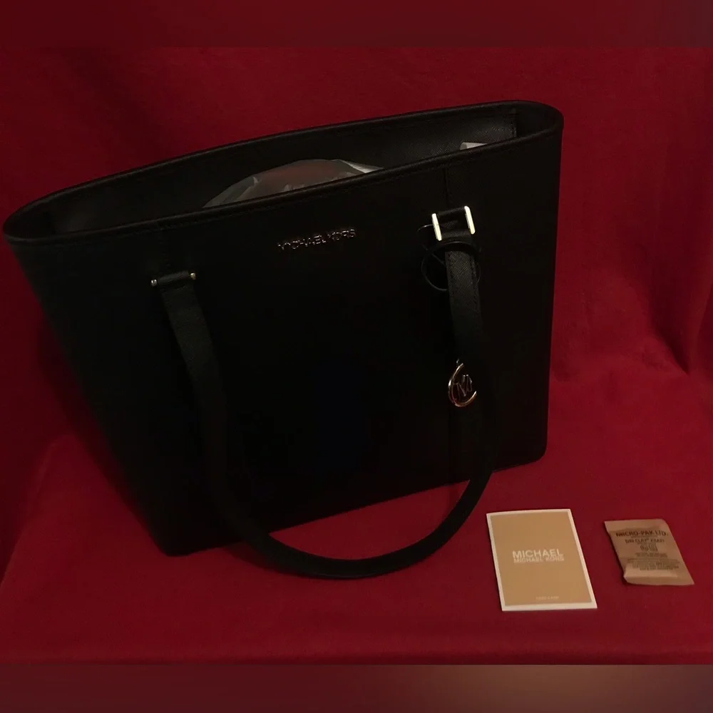 Michael Kors Black Leather Tote with Gold Logo Charm